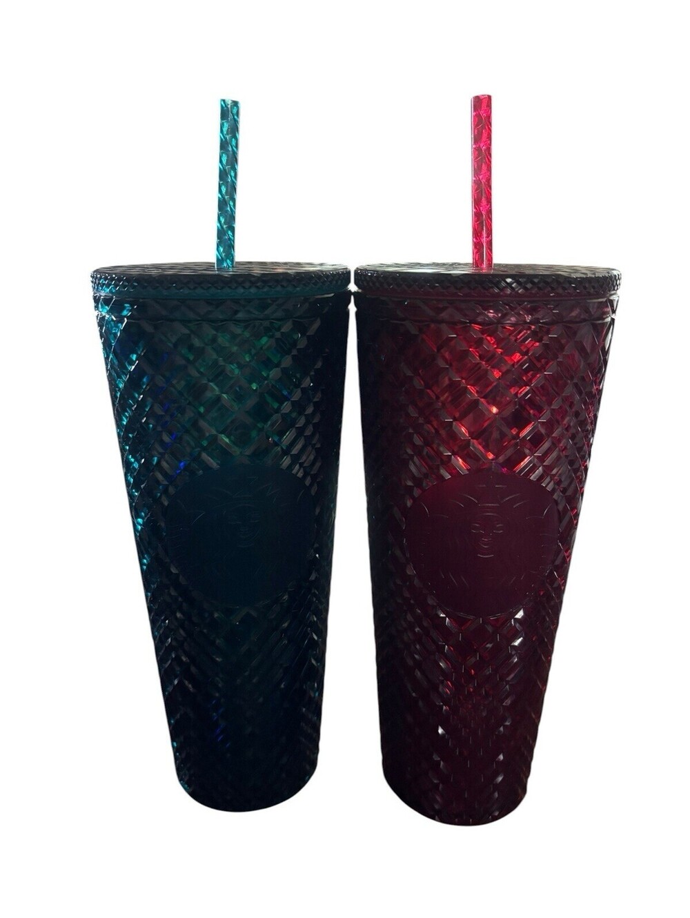 Two Starbucks Jeweled Venti Cold Cup Tumblers 24oz Emerald Green & Ruby Red New